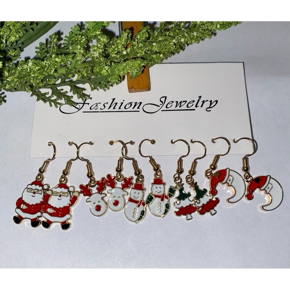 Christmas Santa Earrings 5‎ Pair Rudolph  Reindeer Snowman Gift Stocking Stuffer